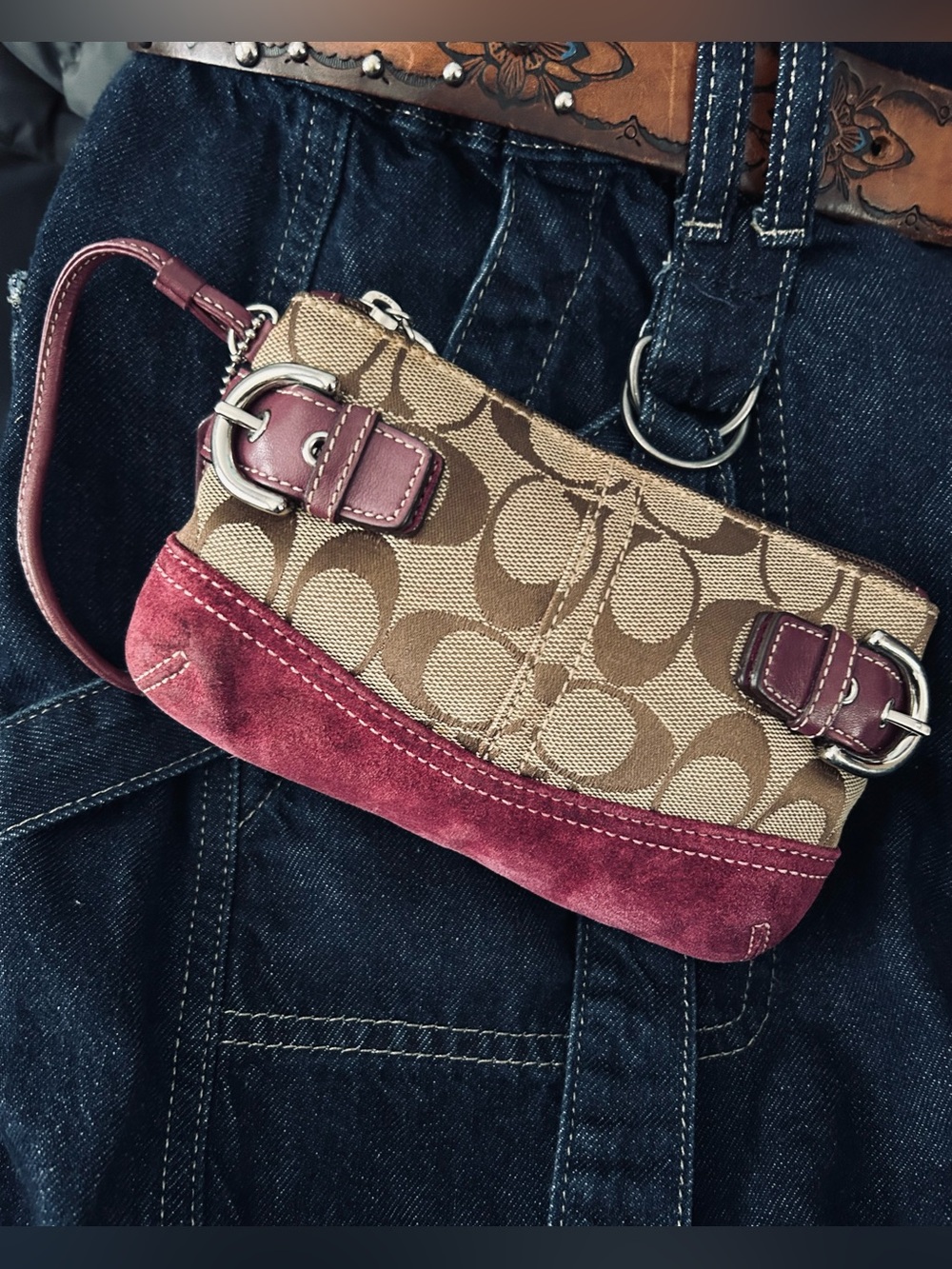 Coach Brown Signature Canvas Wristlet with Burgundy Suede Trim